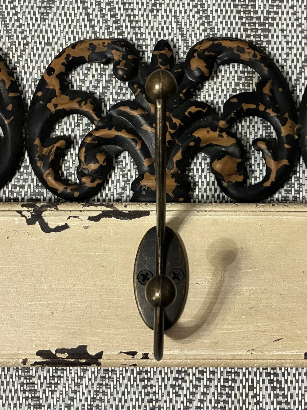 Distressed Ivory and Bronze Wall Hook Rack 15” x 6”